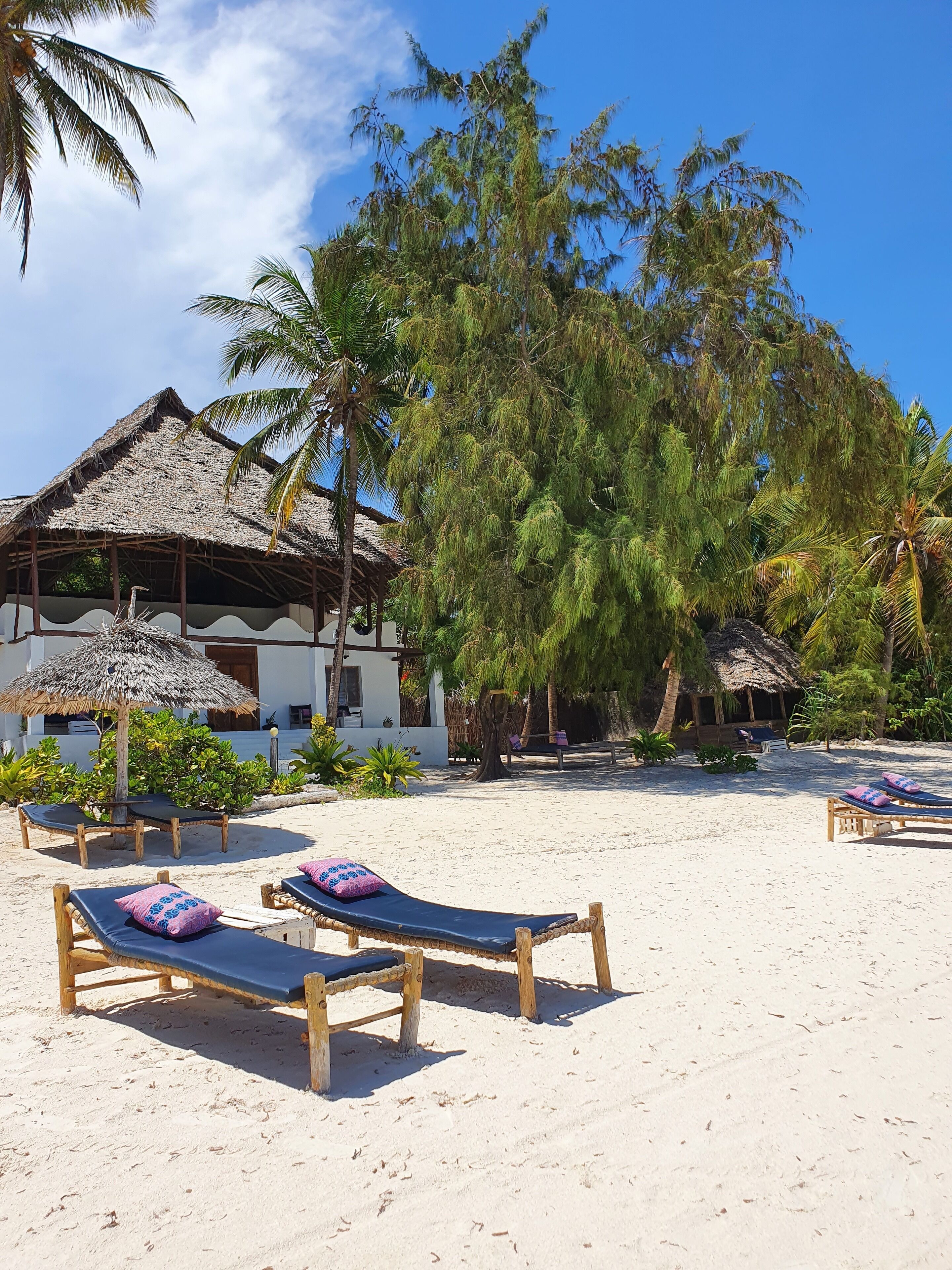Plage, sable blanc, chaises longues, parasols