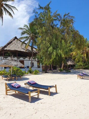 On the beach, white sand, sun-loungers, beach umbrellas - Blue Palm Zanzibar (Bwejuu)