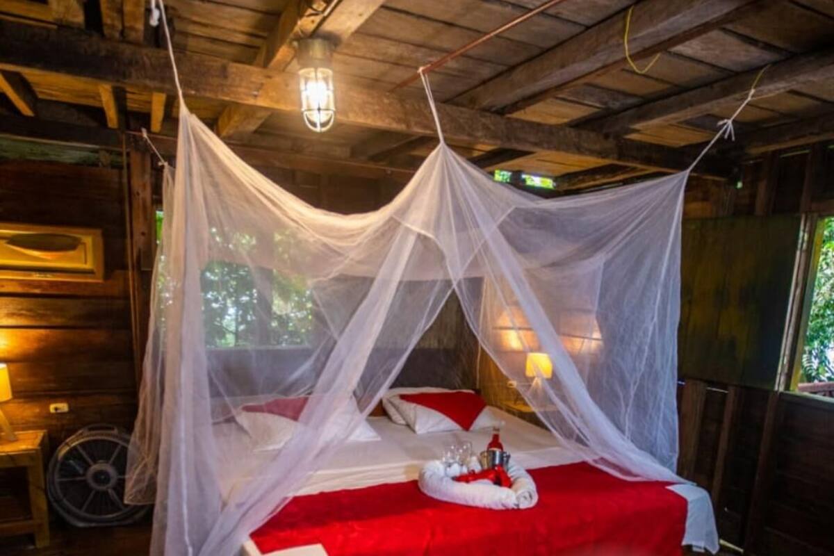 Un lit avec une couvre-lit rouge et des oreillers blancs, une table de chevet avec une lampe, et un baldaquin au-dessus du lit.