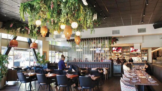 A restaurant with wooden flooring, black chairs, hanging plants, and a bar area. - Large 2BD, 2BA Private Whole House Walking Distance from Downtown Mountain View! (Mountain View)