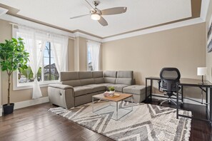 Smart TV, fireplace, books, offices