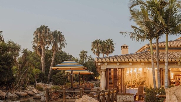 A restaurant with outdoor seating, palm trees, and a stone bridge.