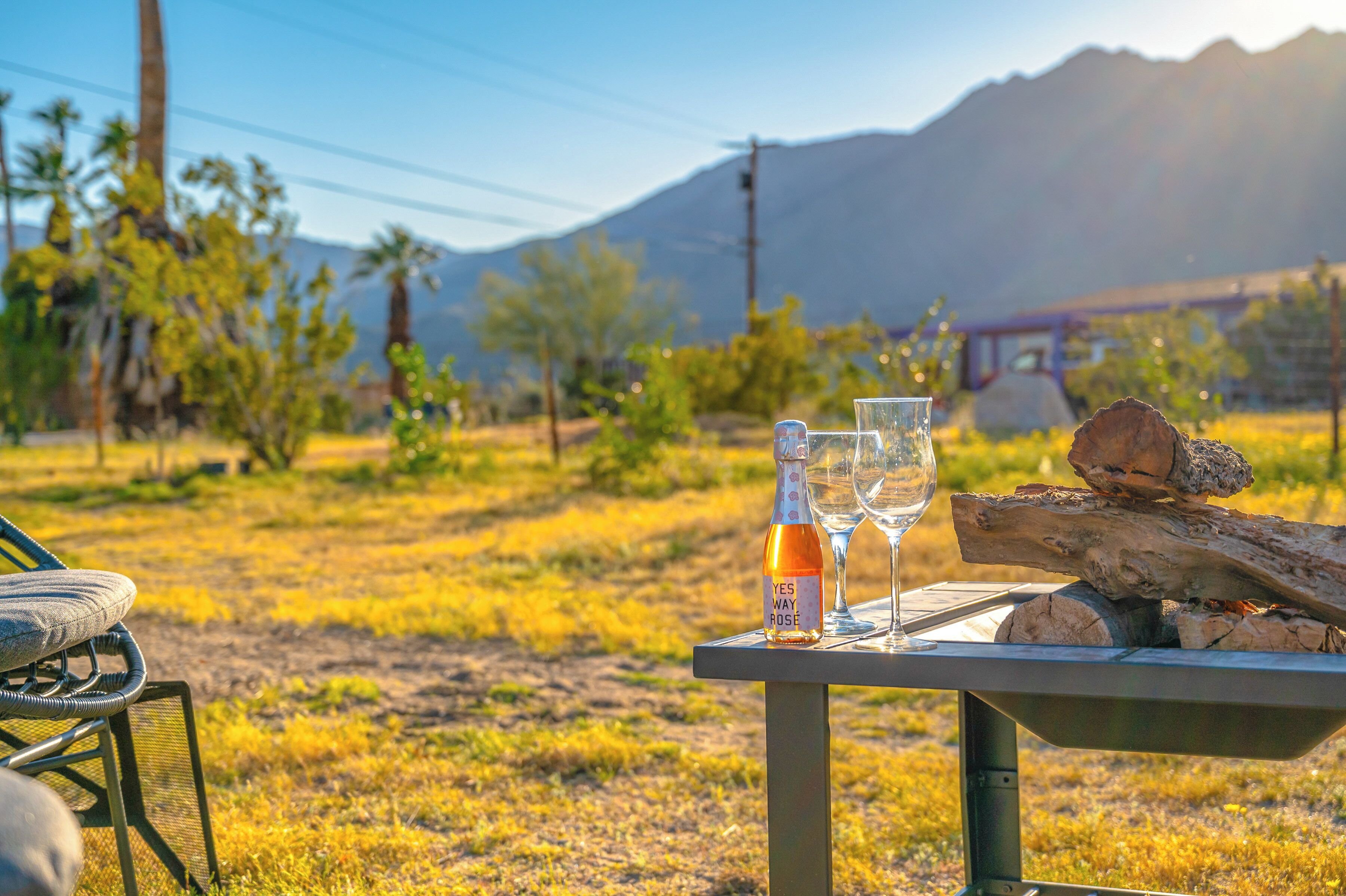A table with a bottle and glasses, set outdoors with a mountain in the background.