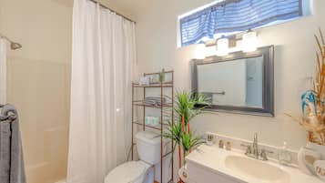 Hair dryer, towels, soap, shampoo