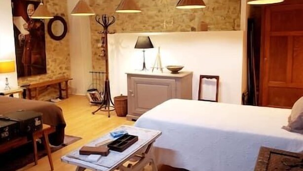 A cozy hotel room with a bed, a desk, a lamp, and a fireplace. - The Marquis refuge: Pleasant T3 with terrace (Marsanne)