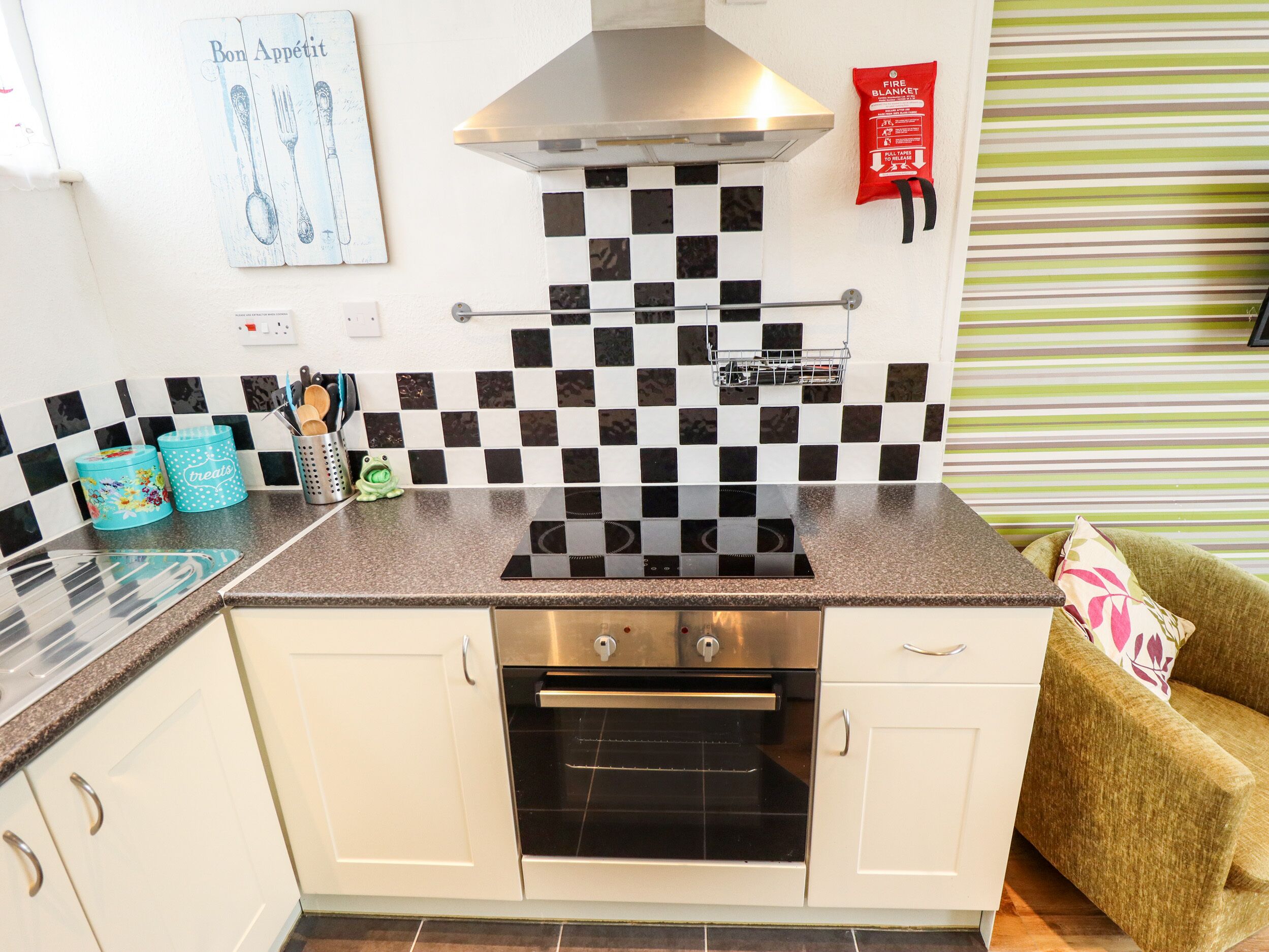 Fridge, electric kettle, toaster, cookware/dishes/utensils