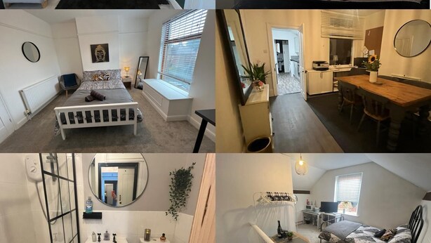 A multi-room apartment with a living room, bedroom, bathroom, and dining area. - Contractors - Families - Couples - 3x Bedrooms + Sofa Bed - Sleeps 8 M1 J26&25 (Ilkeston)