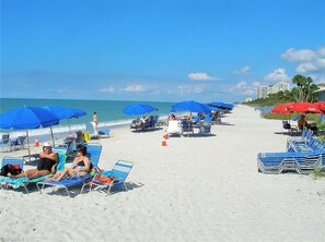 A beach with rows of blue and red beach chairs and umbrellas, a clear sky, and a calm sea.
