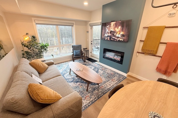 Living Room with Sofa Bed, Smart TV, Electric Fireplace and Beautiful Window