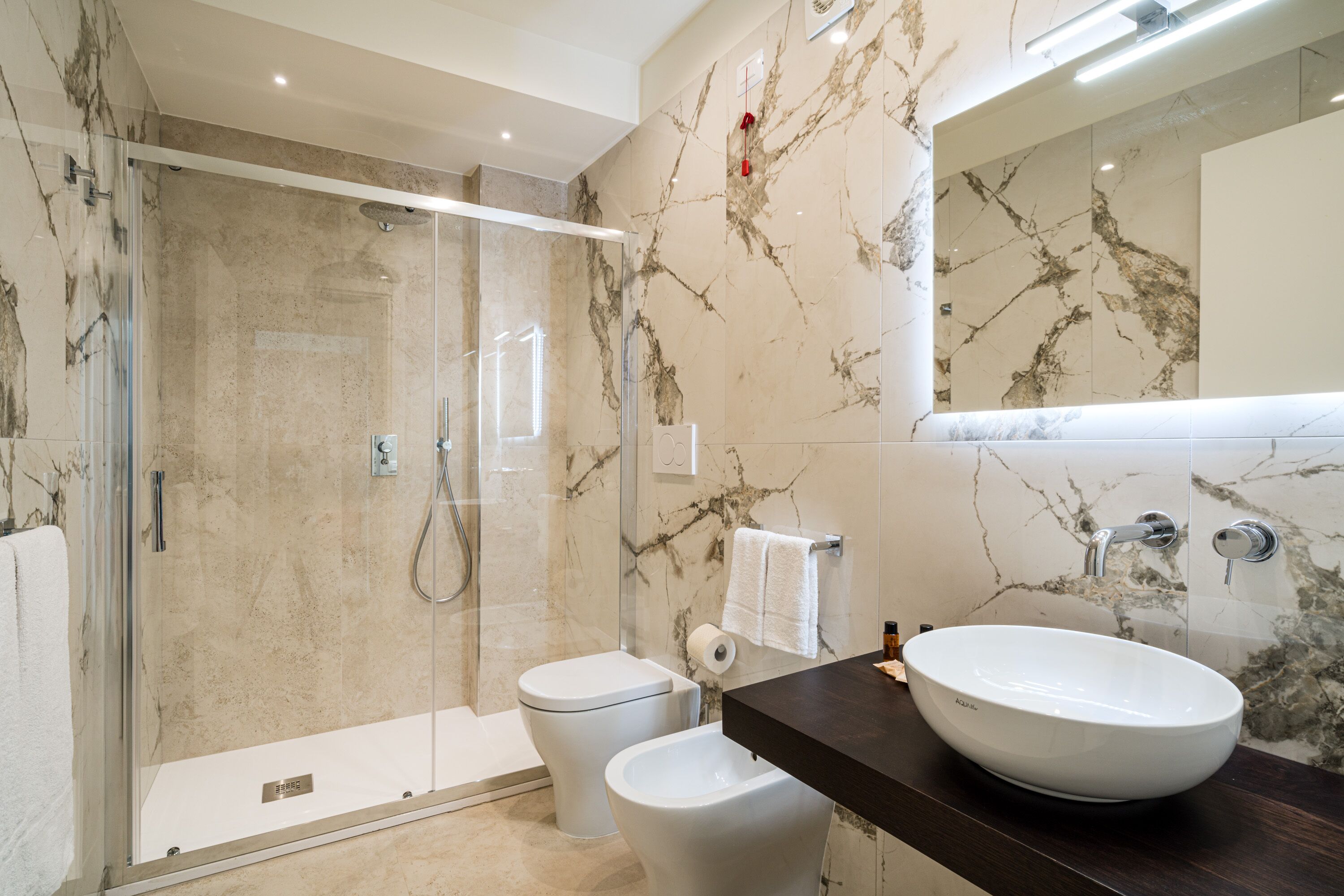A modern bathroom with a glass-enclosed shower, a white toilet, and a large oval sink.