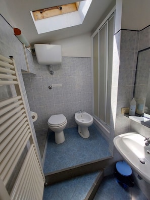 A compact bathroom with a skylight, a toilet, a bidet, a bathtub, and a shower. - Agriturismo Podere Pilar (Monsummano Terme)