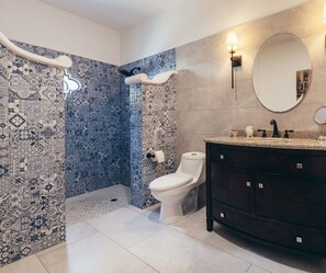 Shower, towels, soap, shampoo
