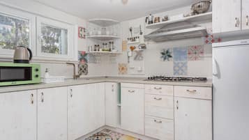 Fridge, stovetop, dishwasher, coffee/tea maker