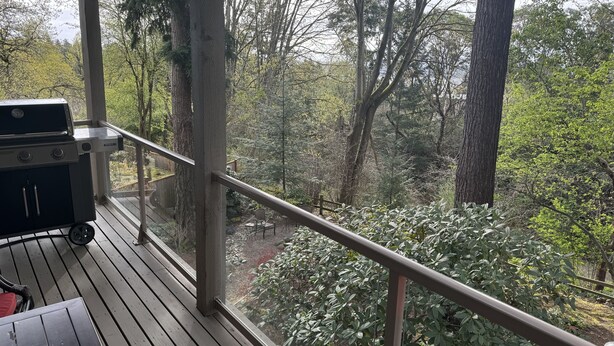 A balcony with a grill, overlooking a forested area. - Enjoy all the comforts of home in a safe, wooded area of NE Seattle, close to UW (Seattle)