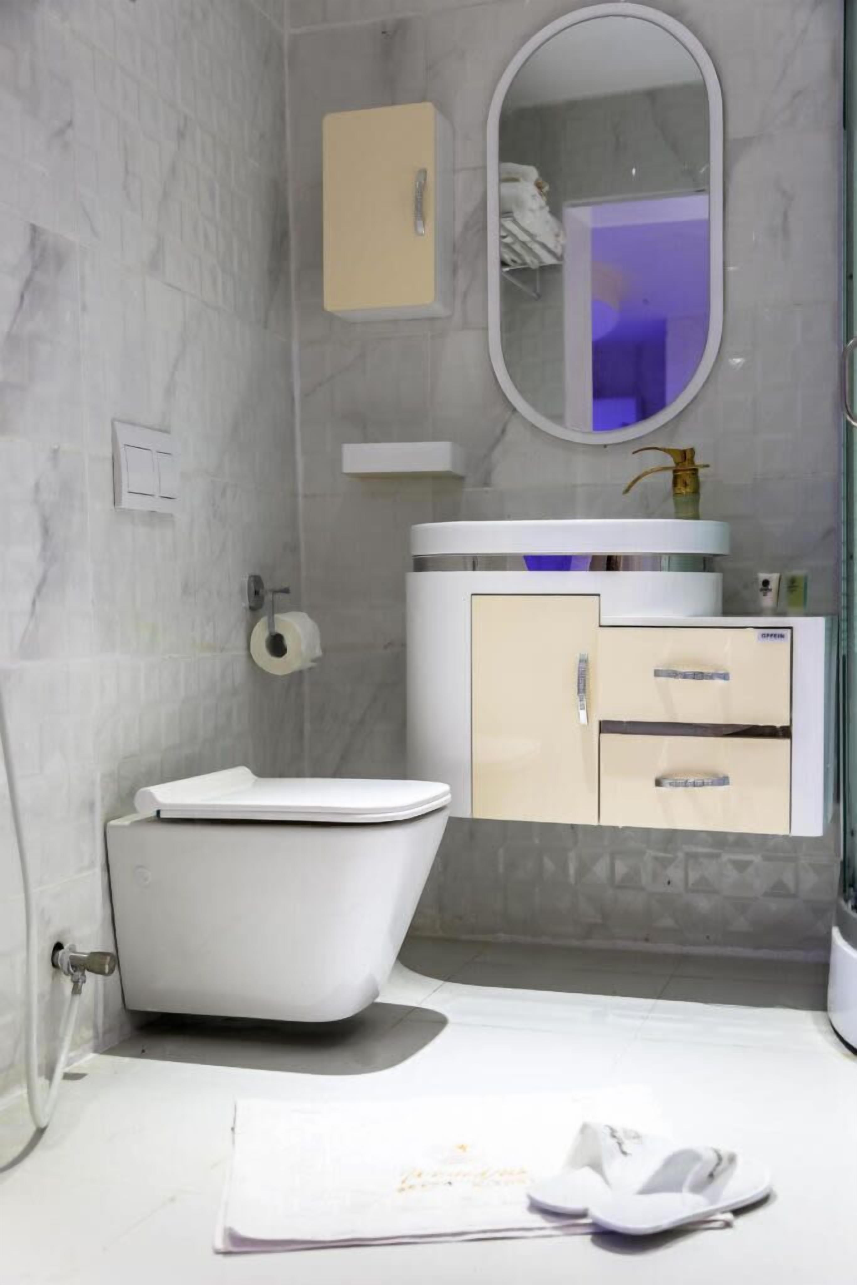 A modern bathroom with a white toilet, a vanity with a mirror, and a shower area.