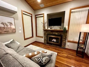 Smart TV, chimenea, libros y oficina