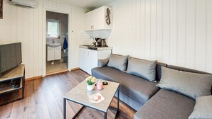 Ein kompakter Wohnbereich mit Sofa, Couchtisch, Fernseher, einer Küchenzeile und einem Badezimmer, das durch eine offene Tür sichtbar ist.