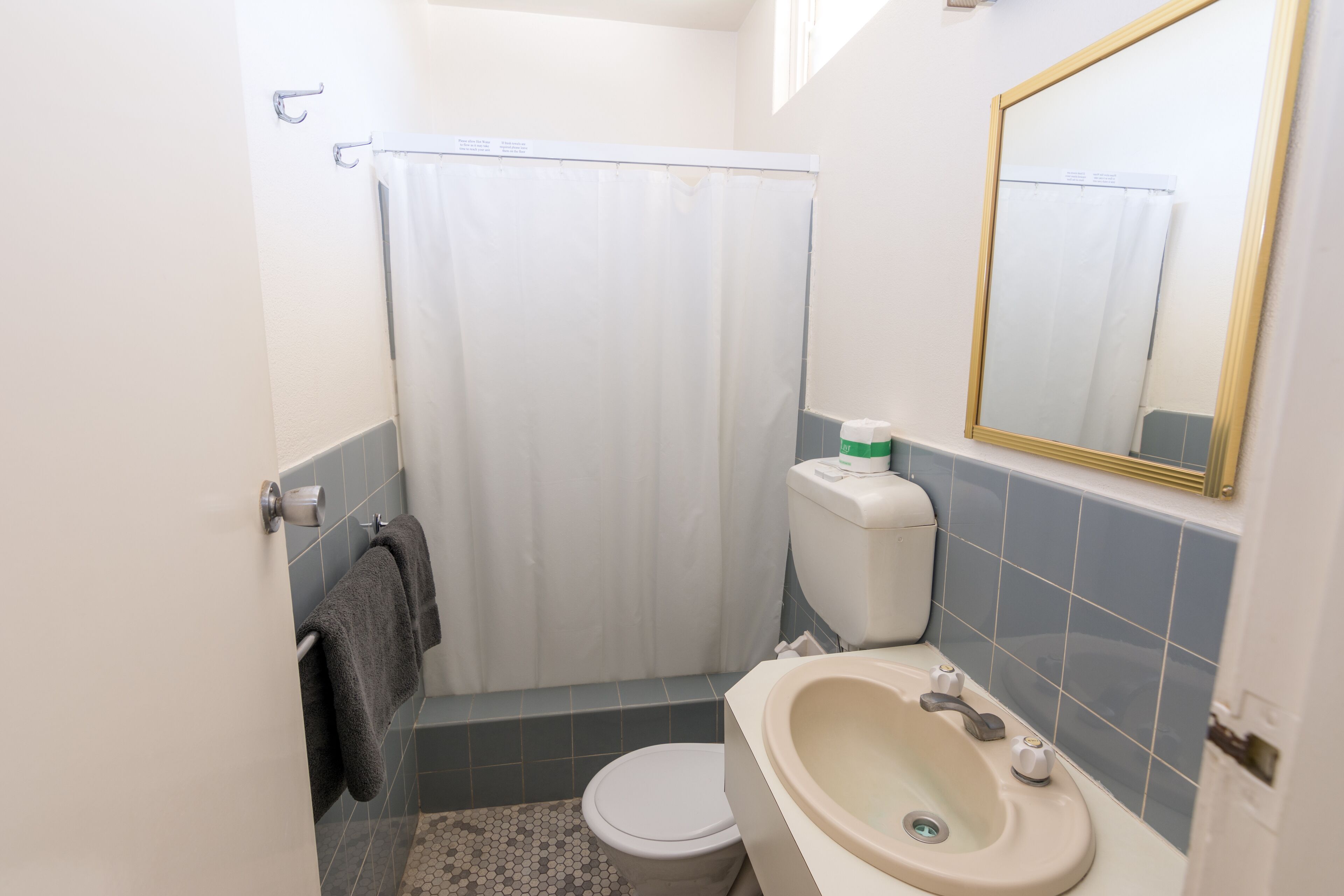 A small bathroom with a toilet, sink, and shower curtain.