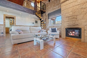 Télévision, cheminée, table de tennis de table