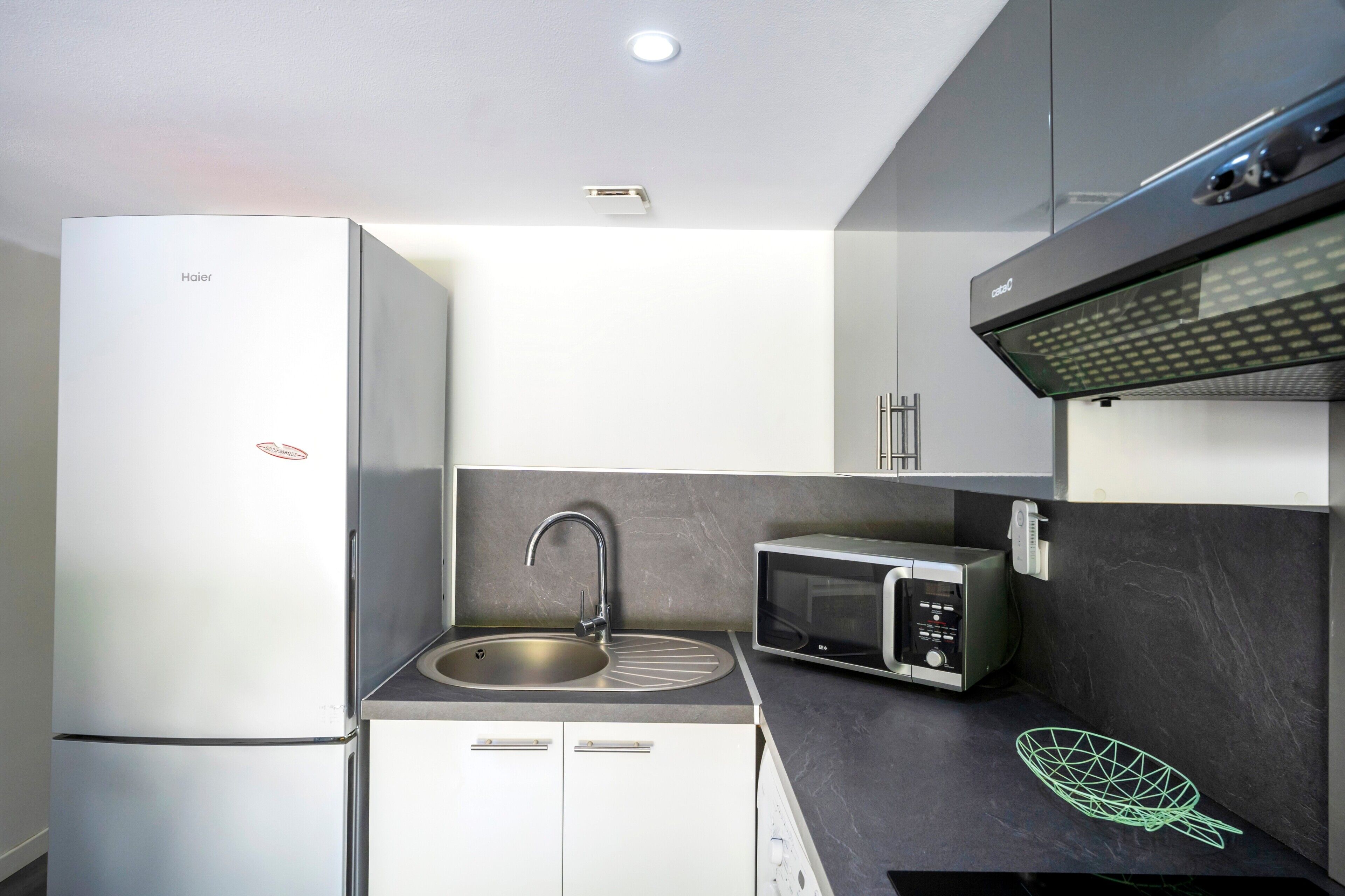 Een koelkast, een microgolfoven, een kookplaat, een vaatwasser