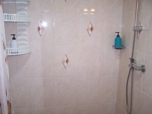 Regadera, secadora de cabello, toallas 