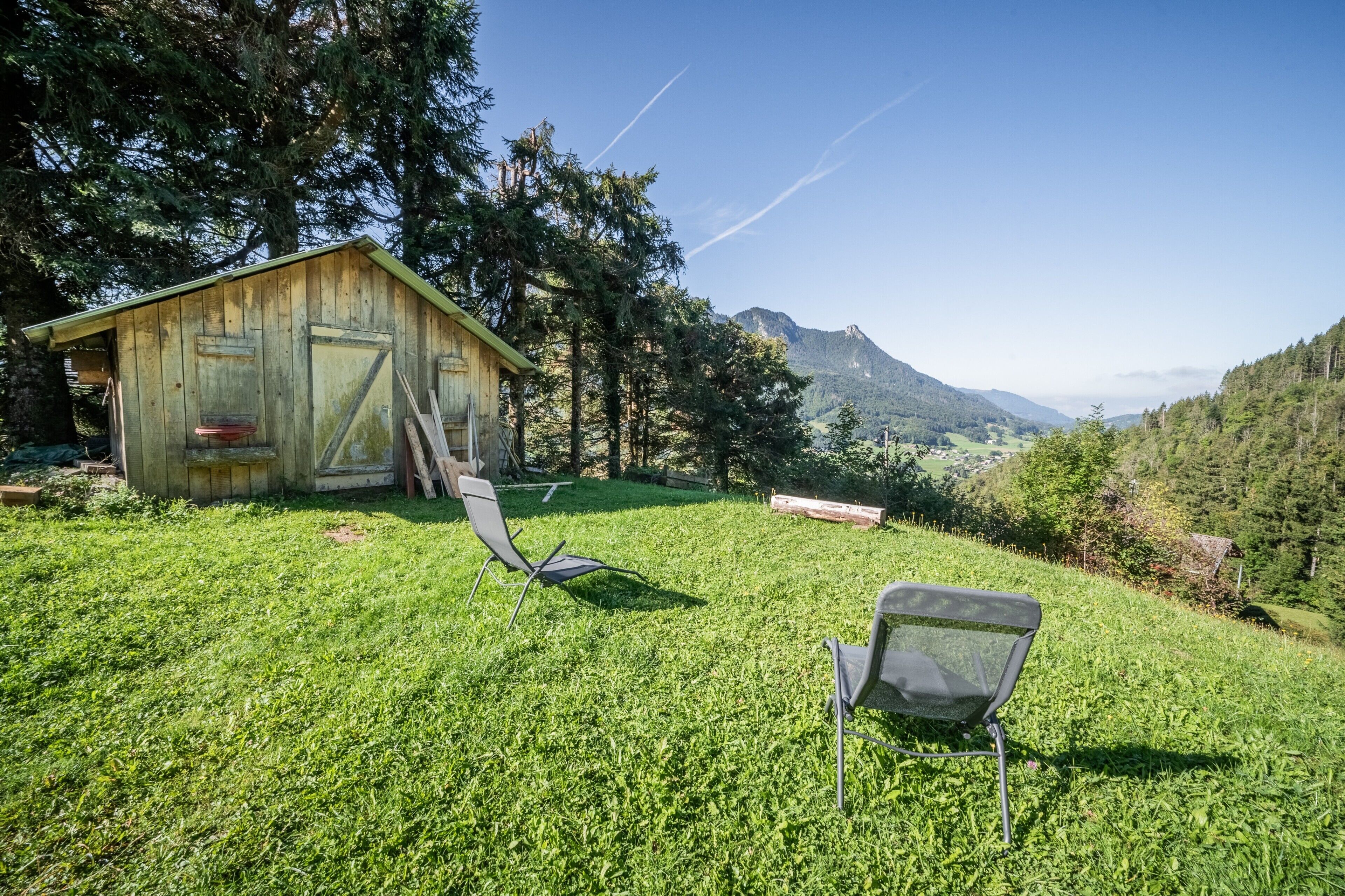 A rustic wooden cabin with a ladder, a chair, and a bench in a grassy area with a mountain view.