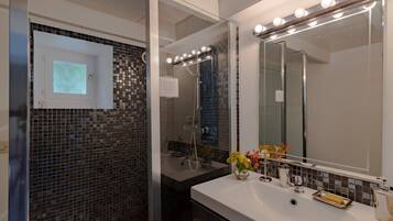 Shower, hair dryer, towels