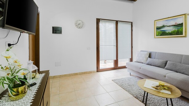 A living room with a sofa, a coffee table, a TV, a plant, and a painting on the wall.