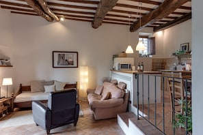A cozy living room with a sofa, a chair, a bed, a dining area, and a kitchen.