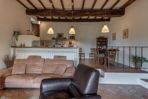 A living room with a sofa, a leather chair, a kitchen in the background, and a dining area with chairs.