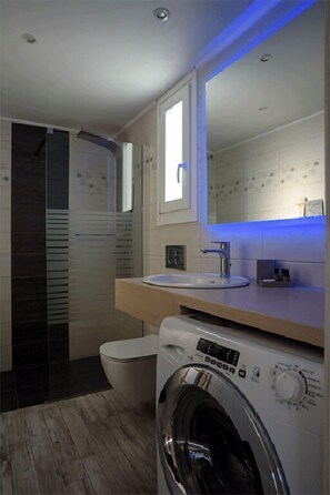 Regadera, secadora de cabello, toallas