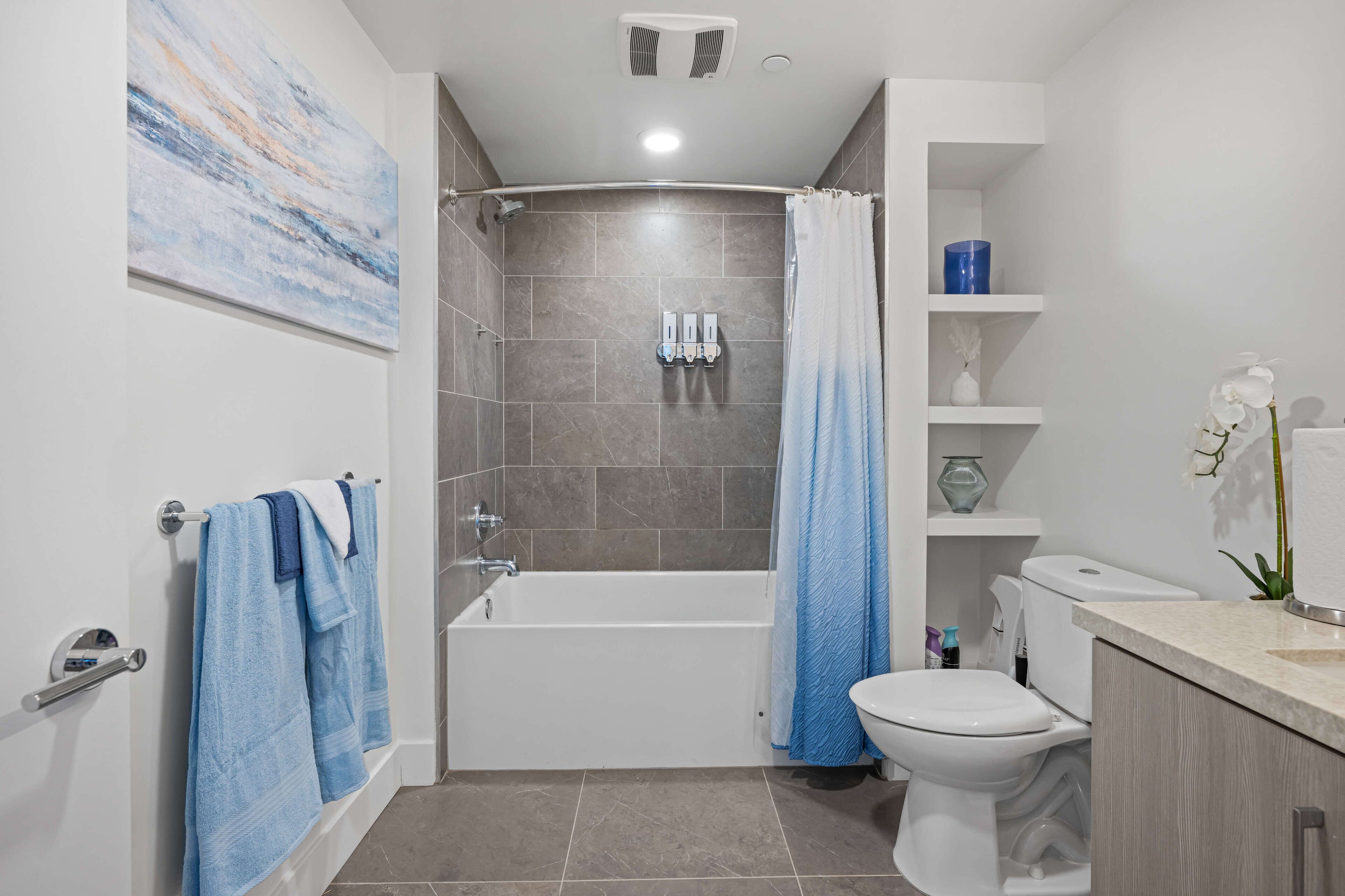 A modern bathroom with a bathtub, shower, toilet, and a sink.
