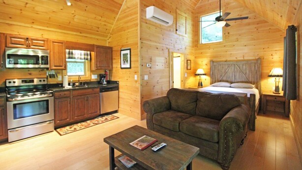 A cozy cabin interior with wooden walls, a kitchen with modern appliances, a sofa, a bed, and a ceiling fan. - Great small cabin with hot tub (Bryson City)