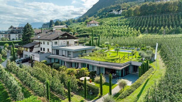 A modern house with a large garden, a swimming pool, and a vineyard in the background. - Apartment 'Faselehof  Amelia' with Mountain View, Shared Pool and Wi-Fi (Marlengo)