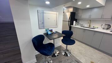 Fridge, microwave, stovetop, electric kettle