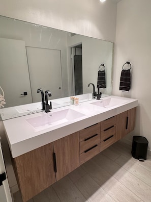 Hair dryer, towels, soap, toilet paper