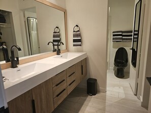 Hair dryer, towels, soap, toilet paper