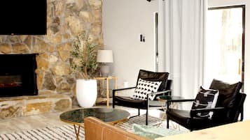 TV, fireplace, ping pong, books