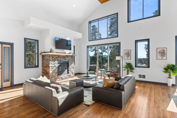 Smart TV, fireplace, table football, books