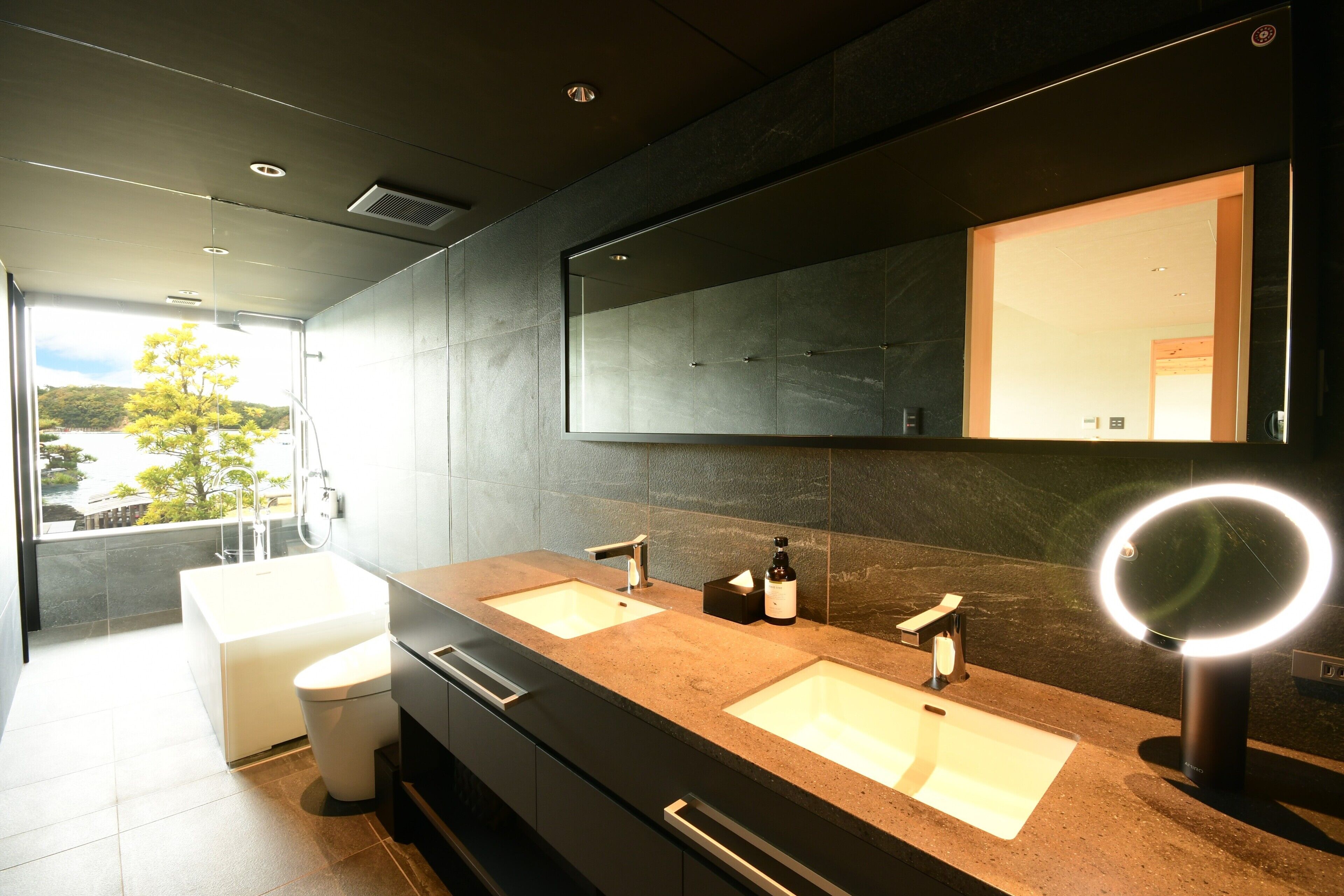 A modern bathroom with two sinks, a large mirror, and a view of a body of water.