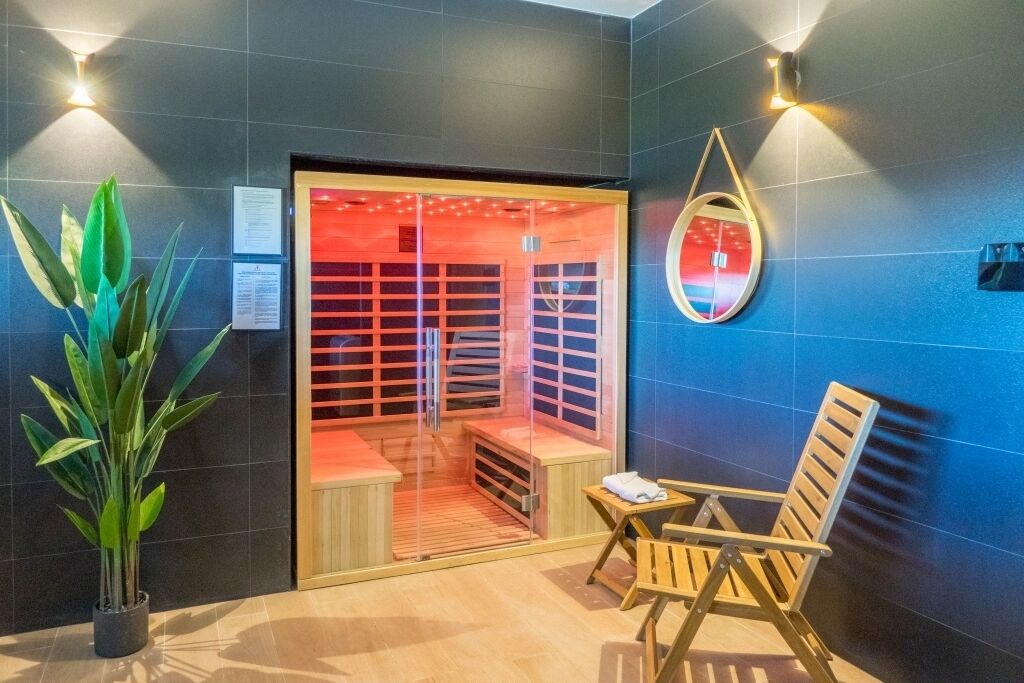 A sauna room with a wooden bench, a chair, and a potted plant.