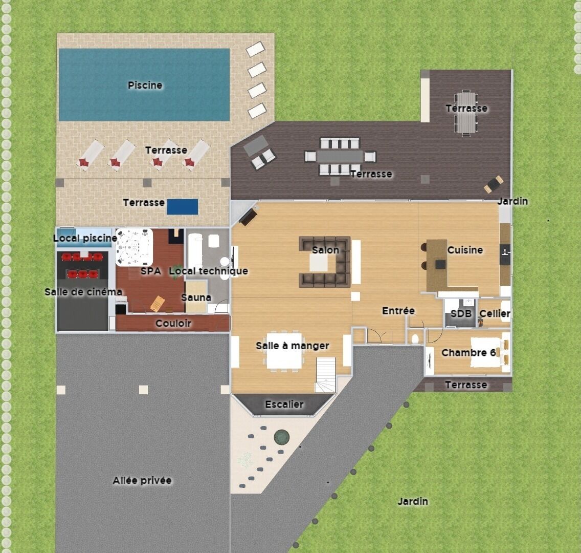 A hotel layout with a swimming pool, multiple terraces, a cinema, a sauna, a salon, a dining area, and a private alley.