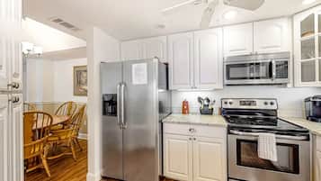 Fridge, coffee/tea maker, cookware/dishes/utensils