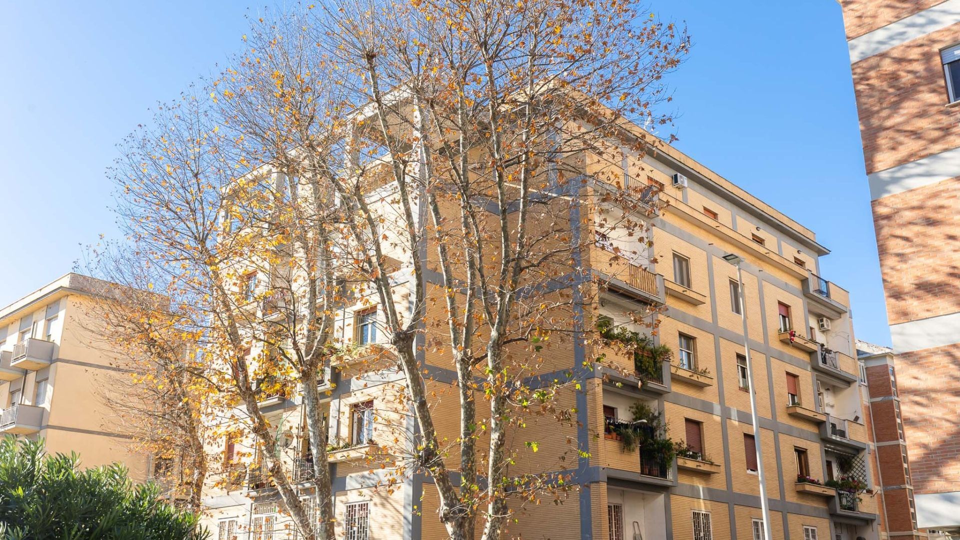 Un edificio a più piani con balconi, cielo sereno e alberi con foglie autunnali.