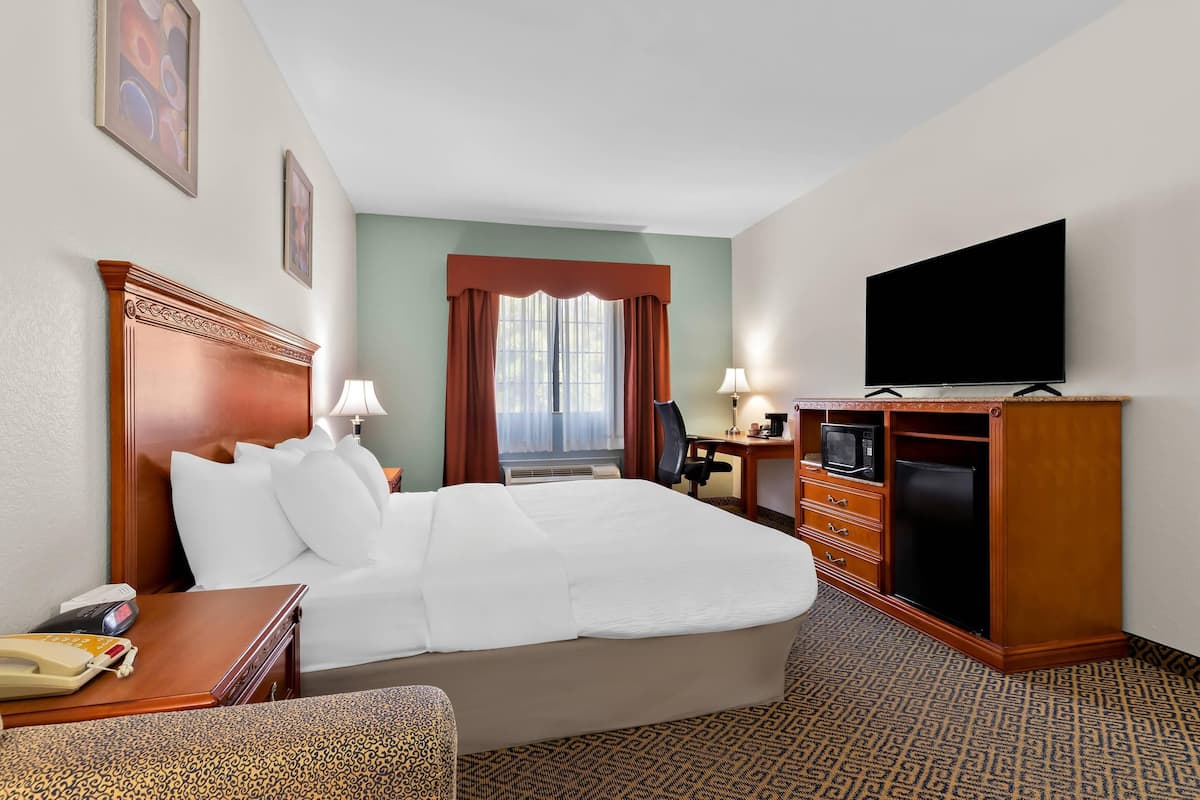 A hotel room with a large bed, a desk with a computer and a TV, a telephone, and a patterned carpet.