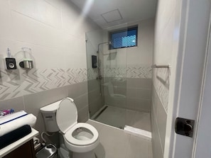 Shower, towels, toilet paper