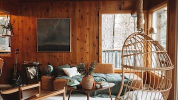 Honeymoon Chalet, Mountain View | Living area | TV, fireplace