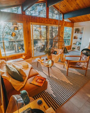 Honeymoon Chalet, Mountain View | Living area | TV, fireplace