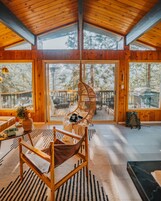 Honeymoon Chalet, Mountain View | Living area | TV, fireplace