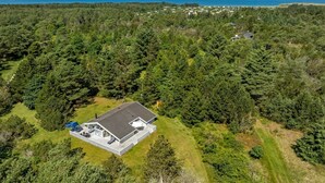 An aerial view of a house surrounded by dense forest, with a clear view of the ocean in the background.